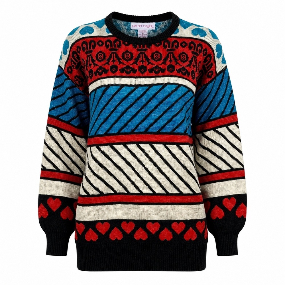 Sarah Taylor Vintage‎ Metallic Heart Geometric Knit Sweater Multicolor Womens M